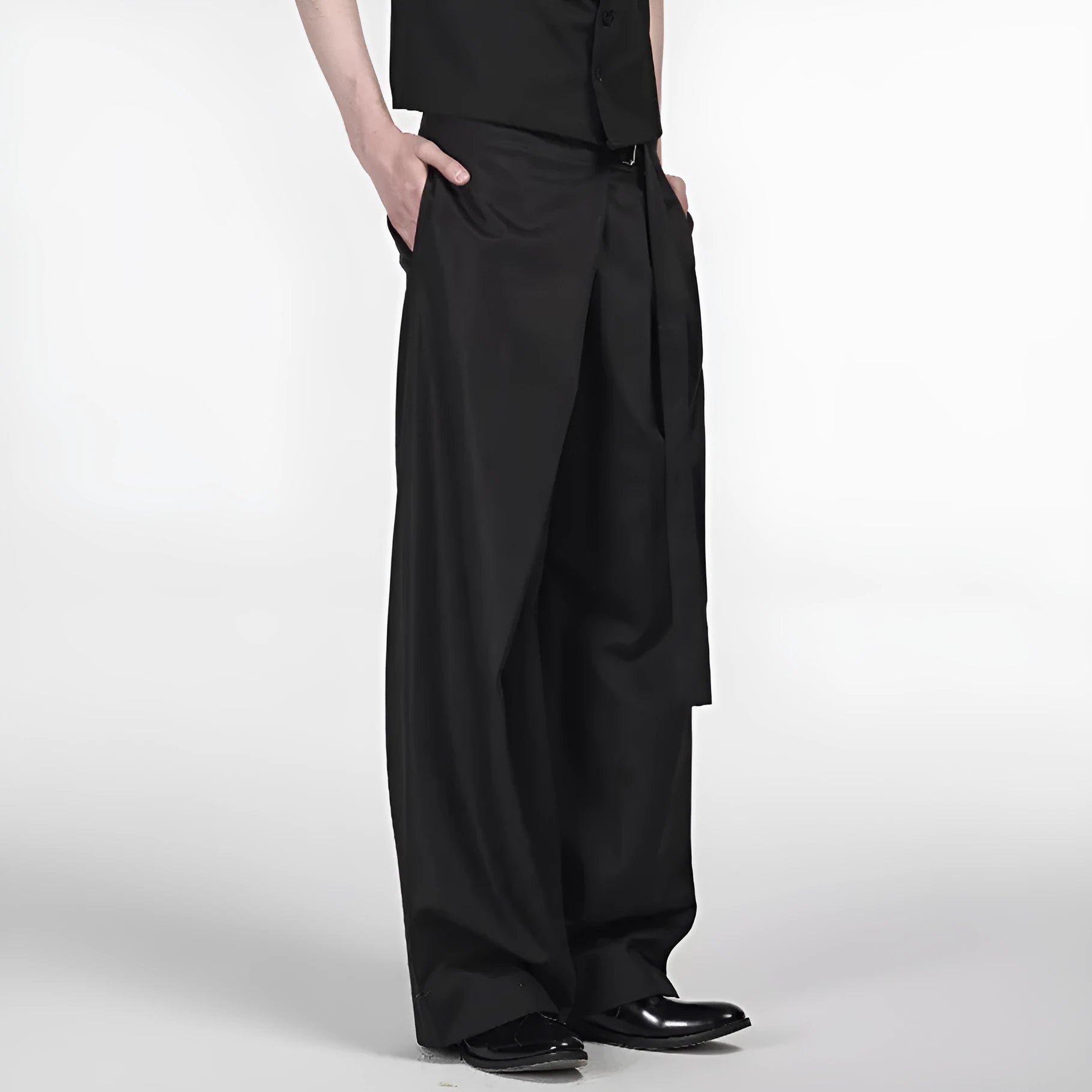 Black straight-leg women's trousers with a front pleat and adjustable waistband on a hanger.