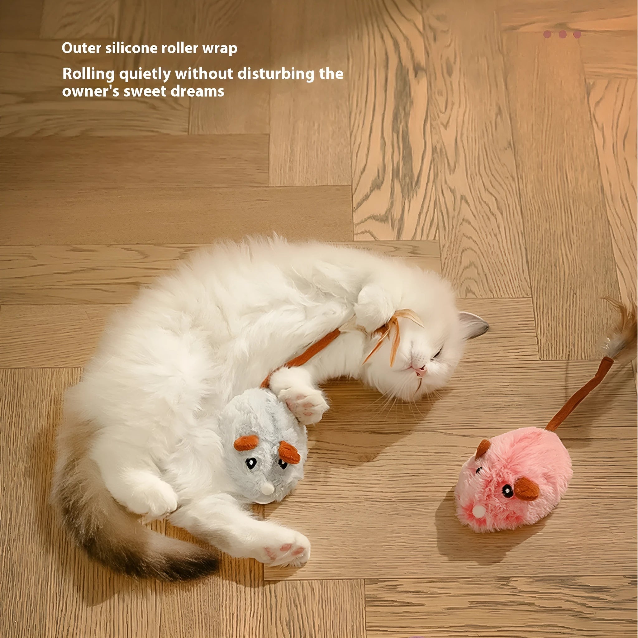 Electric cat toy with plush mouse on pole, available in pink, purple or dark grey