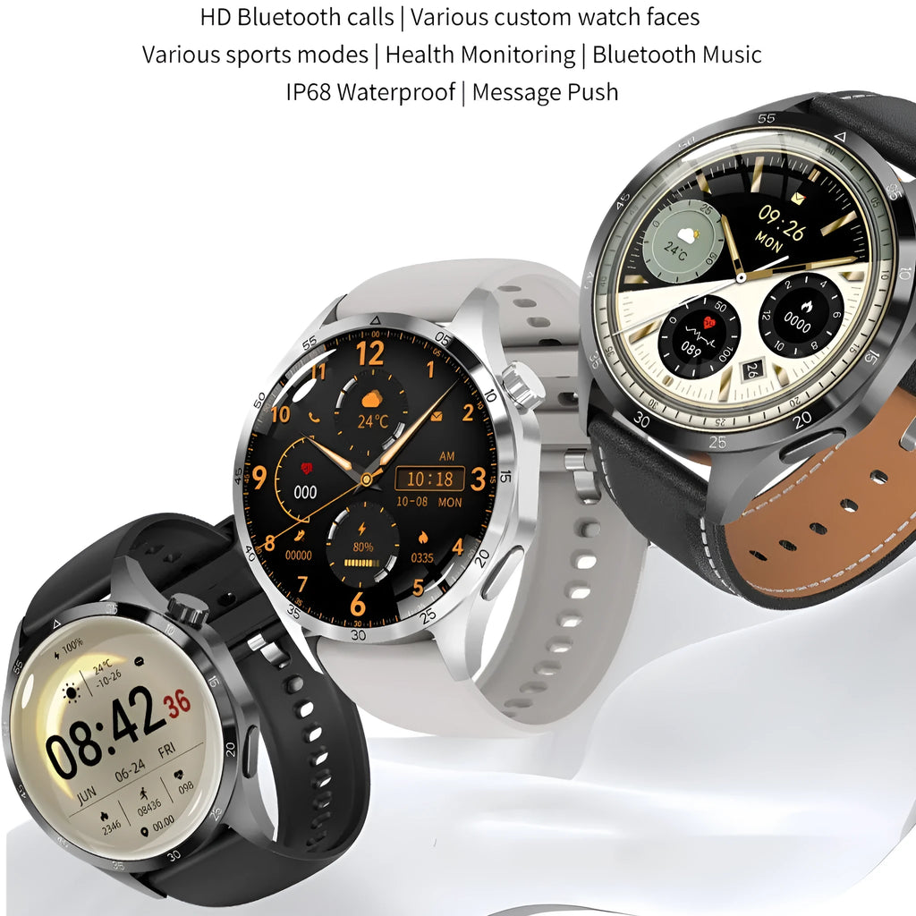Black smartwatch with Bluetooth calling and health tracking features on a silicone strap.