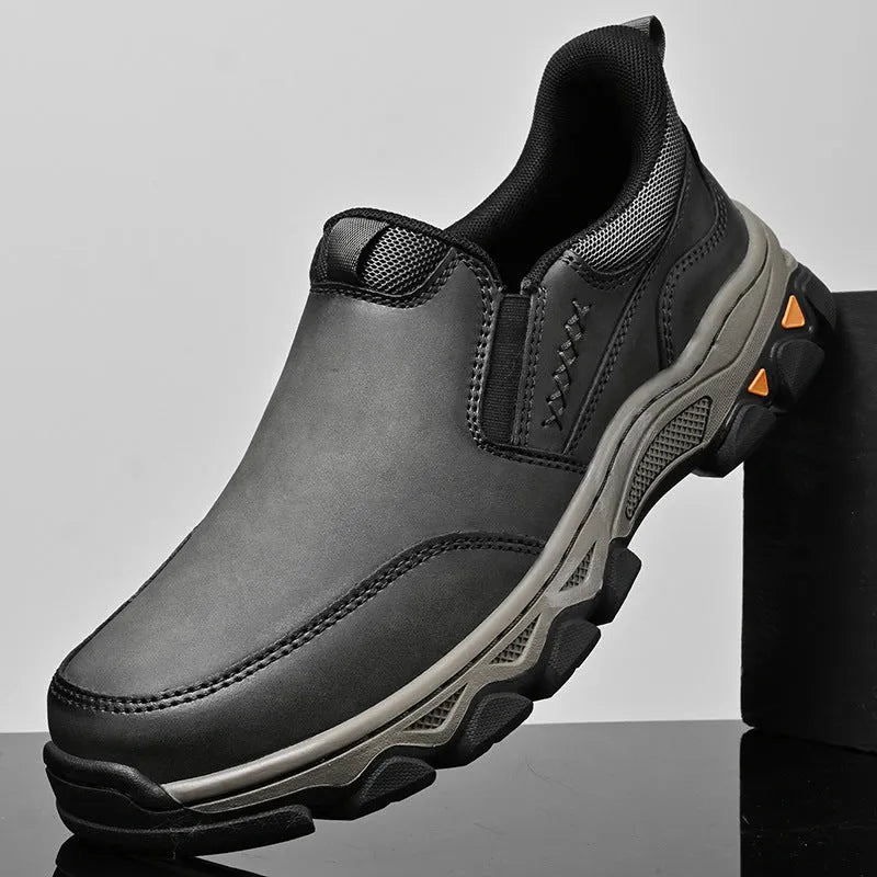 Men's casual leather-style shoes with rubber soles in dark brown, black or grey colour options
