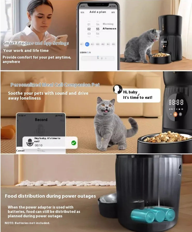 Black automatic pet feeder with digital display and food compartment