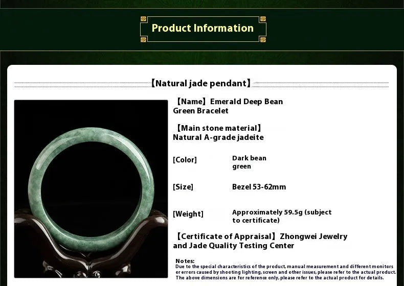 Women's natural emerald bean green ring bracelet on wrist, showing dark pea green beads and gift box.