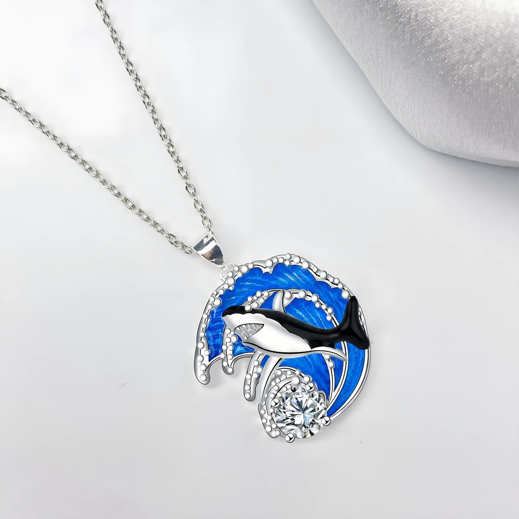 HAILANG women's silver-tone shark pendant necklace on an adjustable cross chain.