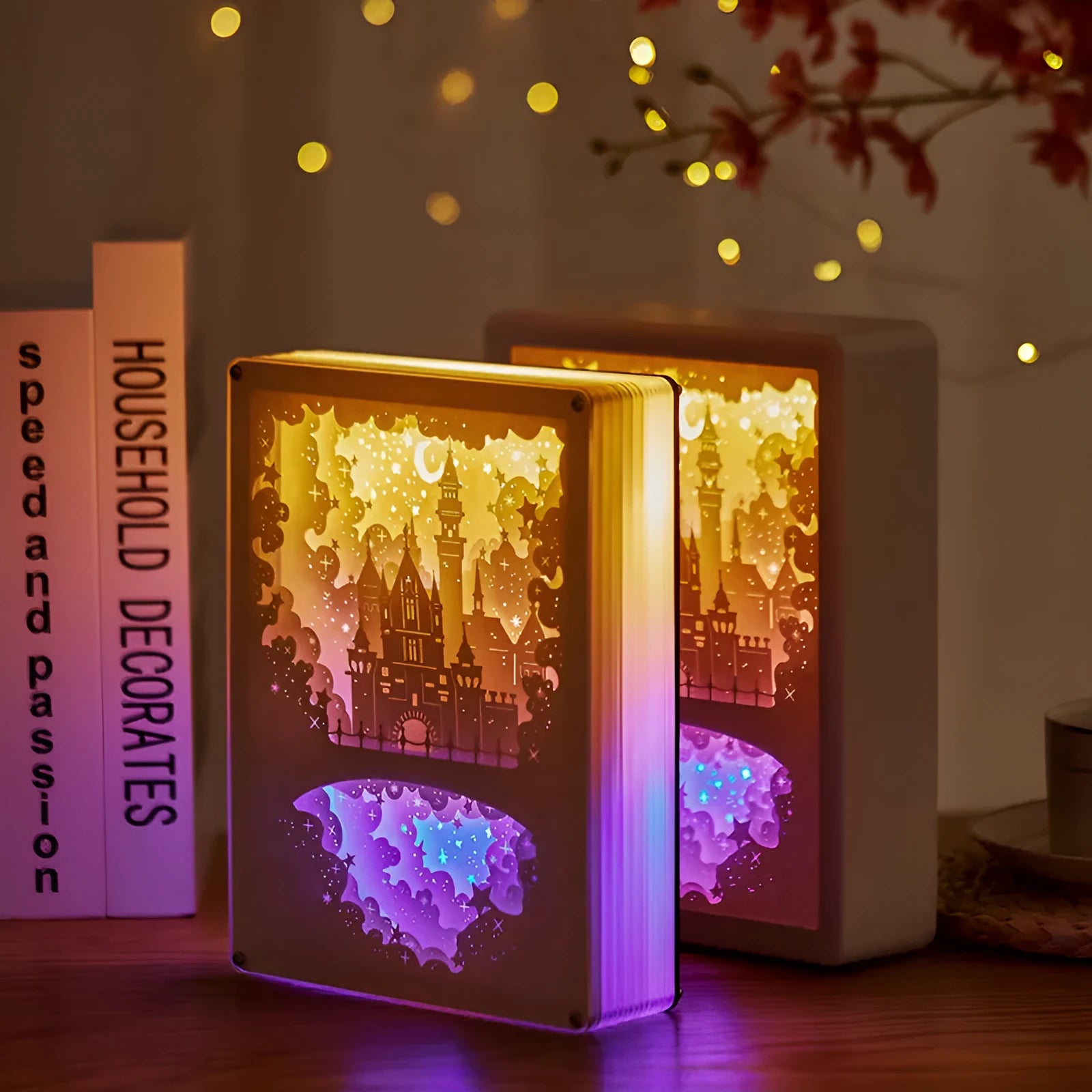 Modern USB bedside night light with intricate paper carving design and remote control.
