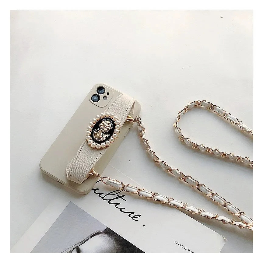 White TPU back cover phone case with wrist strap and crossbody chain for iPhone, shown with included lanyard.