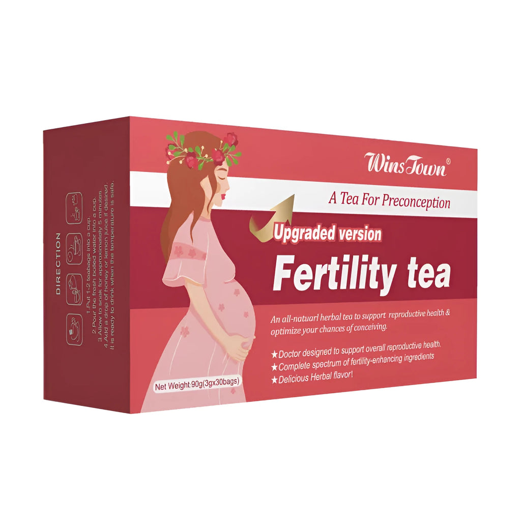 Box of fertility herbal tea containing 330 individual tea bags for reproductive health support.
