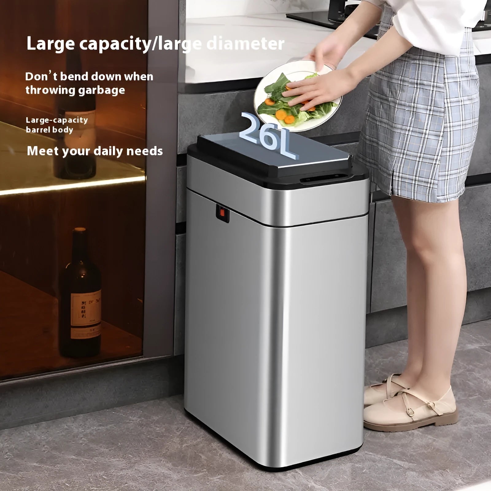 Stainless steel square inductive smart trash can with large capacity for kitchen or office