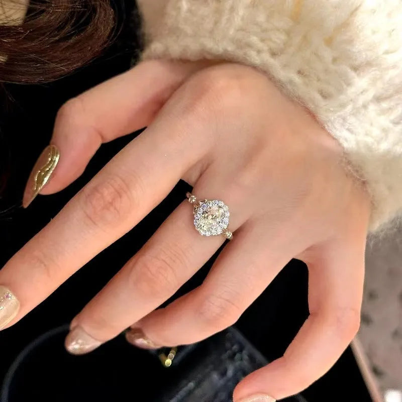 Silver geometric ring with bridal bouquet diamond and adjustable opening for women's index finger