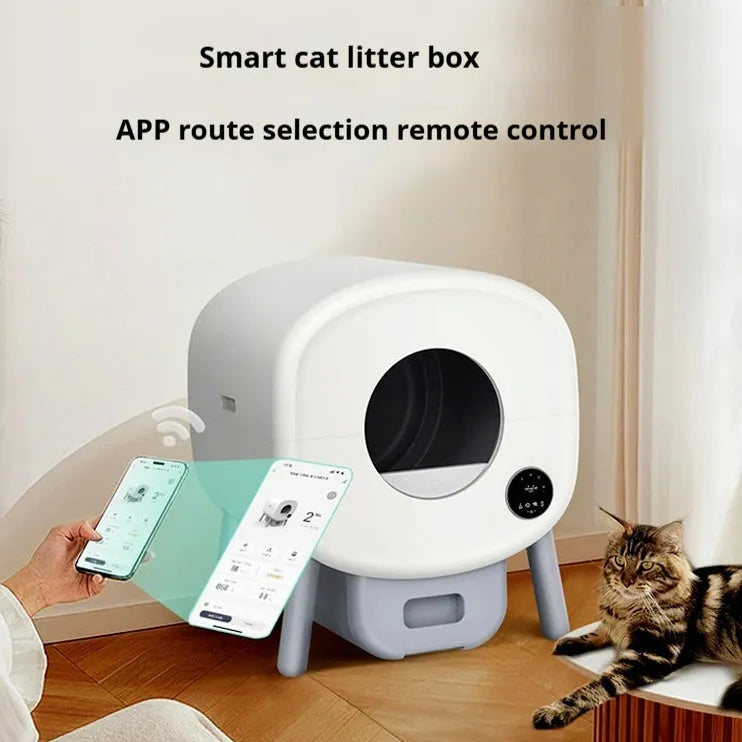 Automatic cat litter box with smart cleaning system, white ABS plastic housing