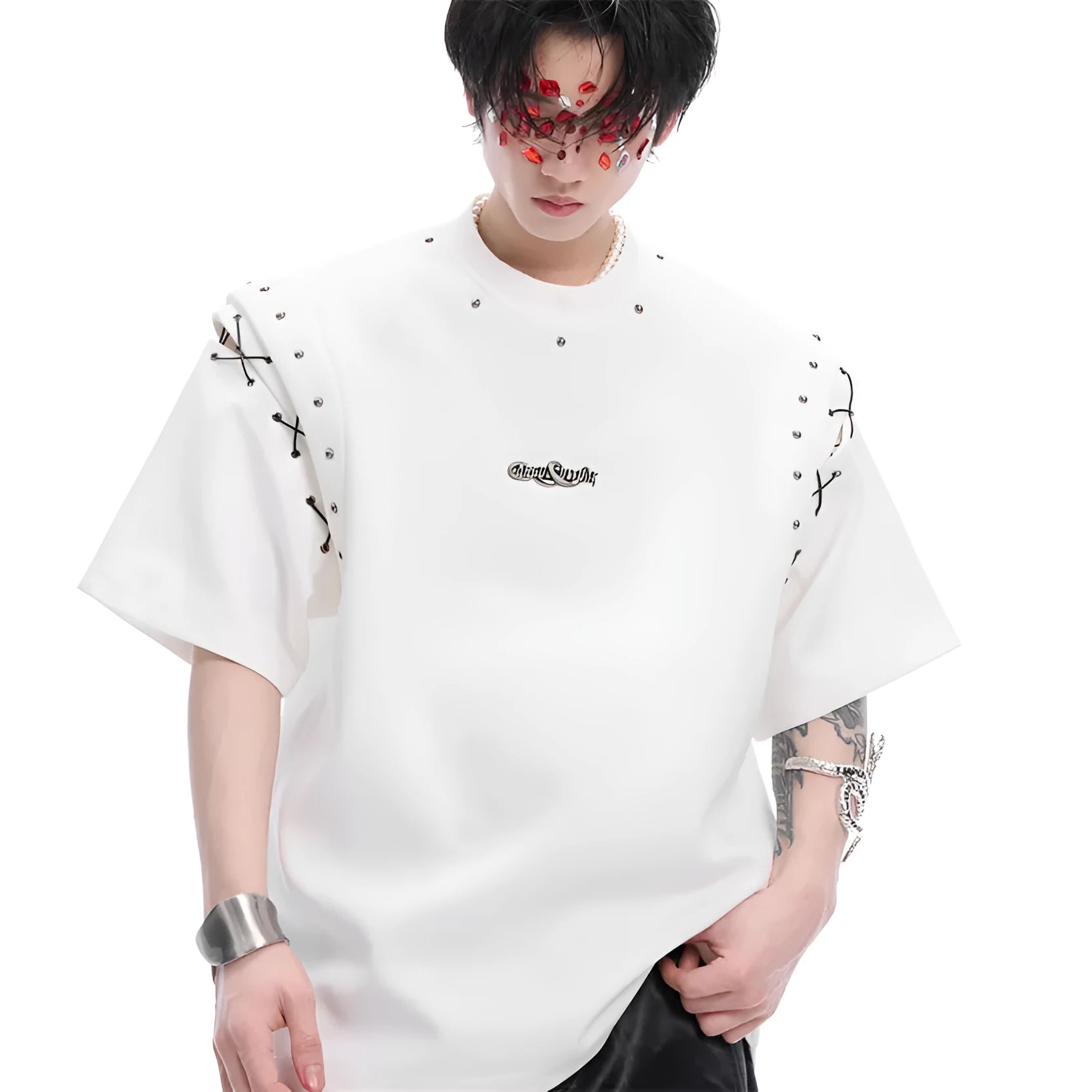 Women's black short sleeve T-shirt with a lace-up cutout detail on the front.