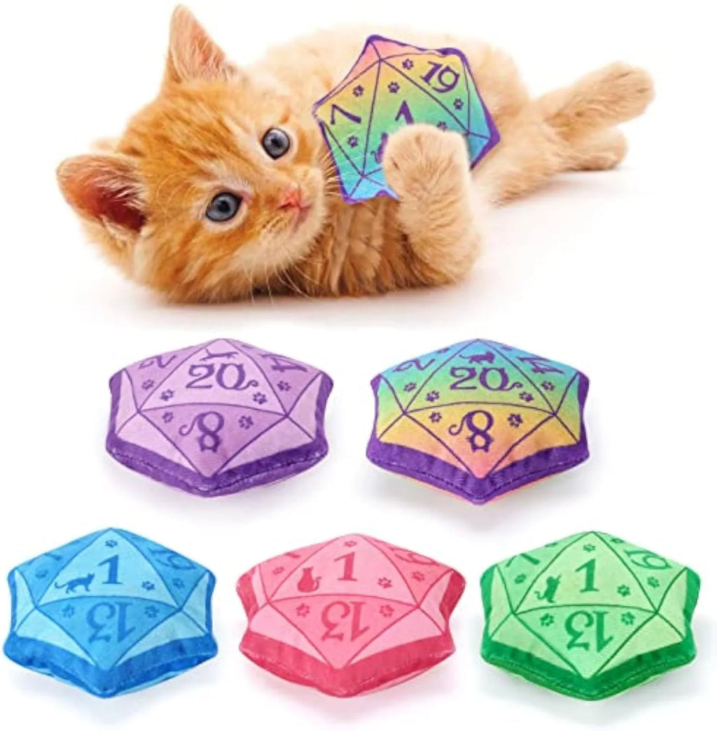 Soft plush dice-shaped cat toy in multiple colour options including blue and gradient purple.
