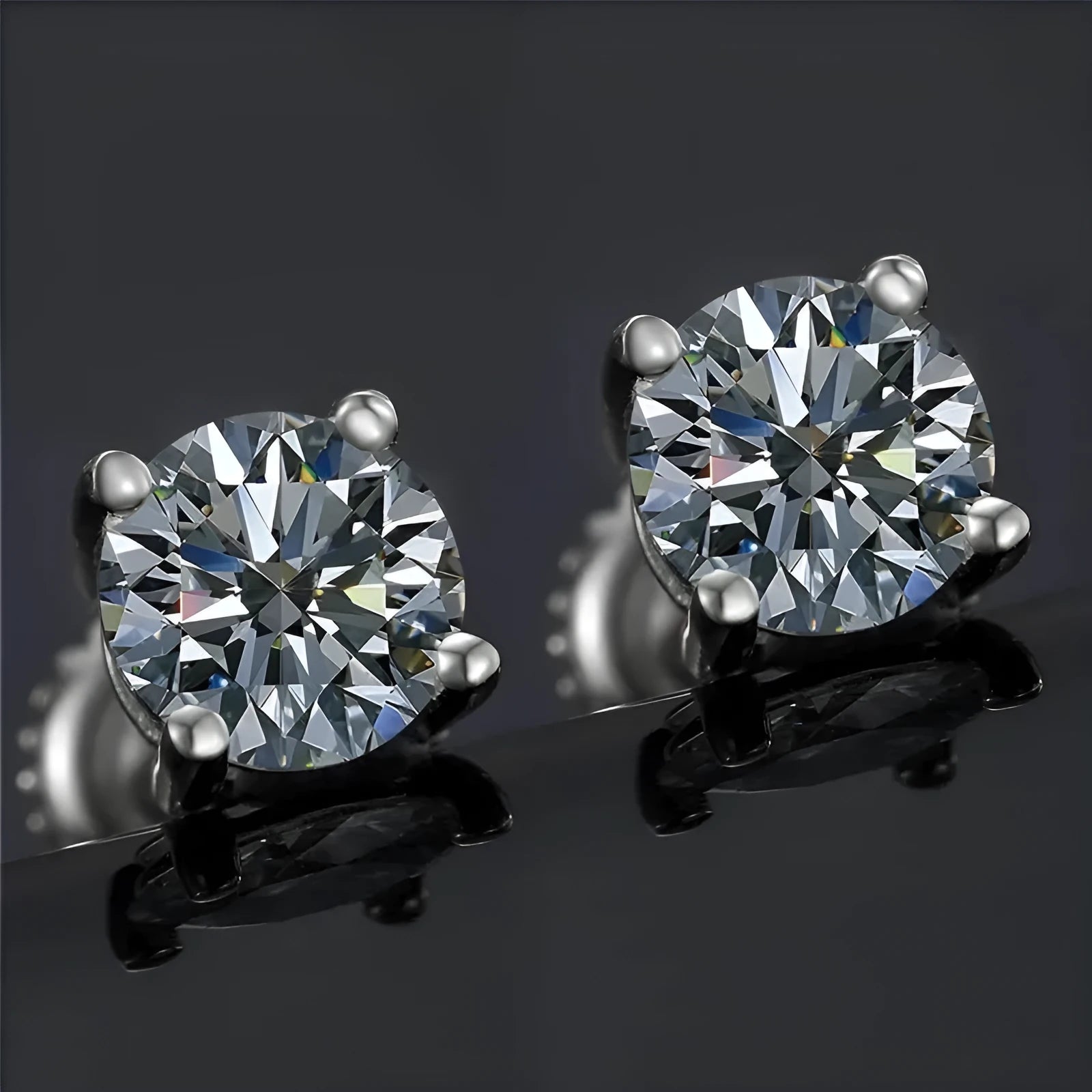 Geometric moissanite stud earrings with four claw screw fastening on silver plating