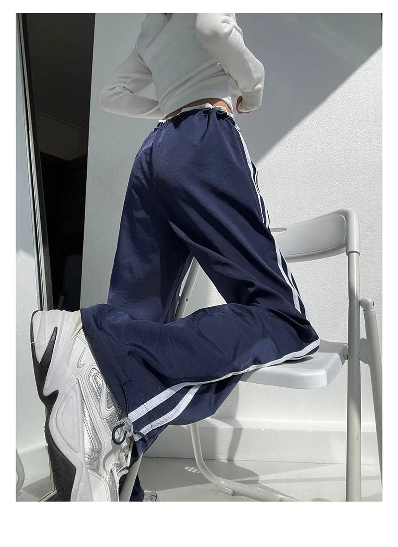 Women's ribbon contrast colour loose straight leg draping trousers in white and navy blue