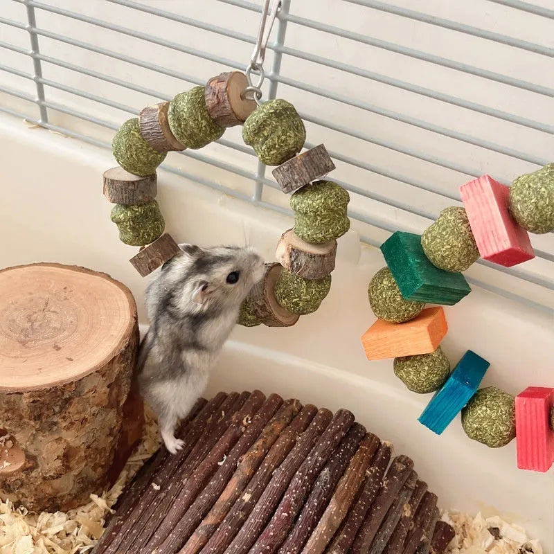 Hamster toy with Applewood molar chew rod and decorative straw ball ring for small pets