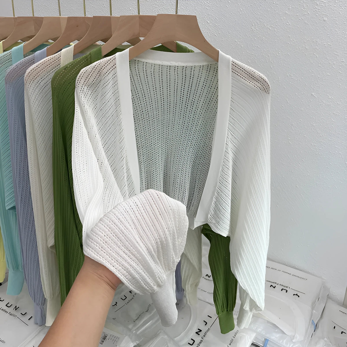 Women's linen polyester blouse with lantern sleeves in apricot colour