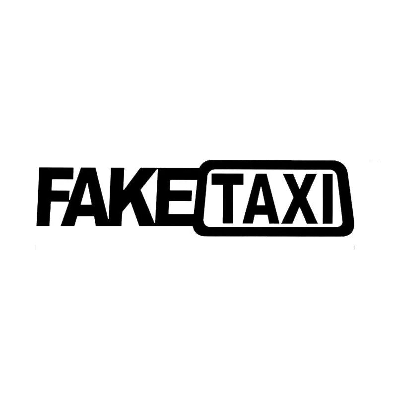 FAKE TAXI text on a 20cm by 8cm yellow, black, and white waterproof PET car sticker.