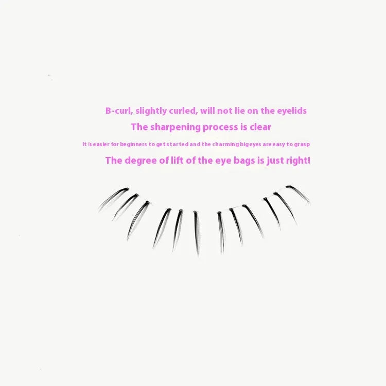 False eyelashes with 12 rows of 4-5-6mm long artificial fibre lashes in a segmented sheer root design.