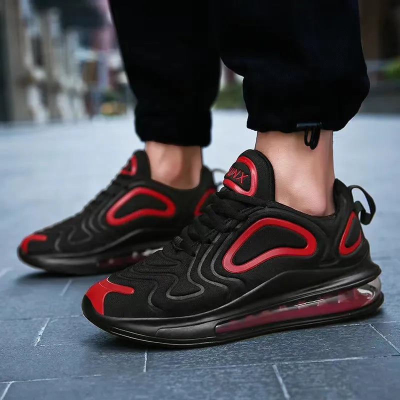 Men's black casual sneakers with artificial PU upper, thick plastic sole, and front lace-up design for outdoor sports.