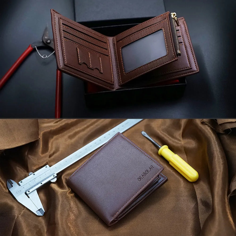 Men's leather wallet with a zip closure, presented as a gift.