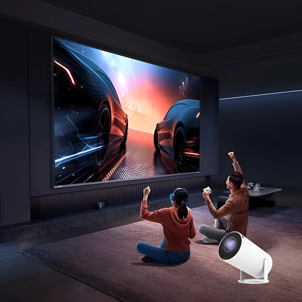 White X10 PLUS portable home smart projector with gamepad and remote control on table