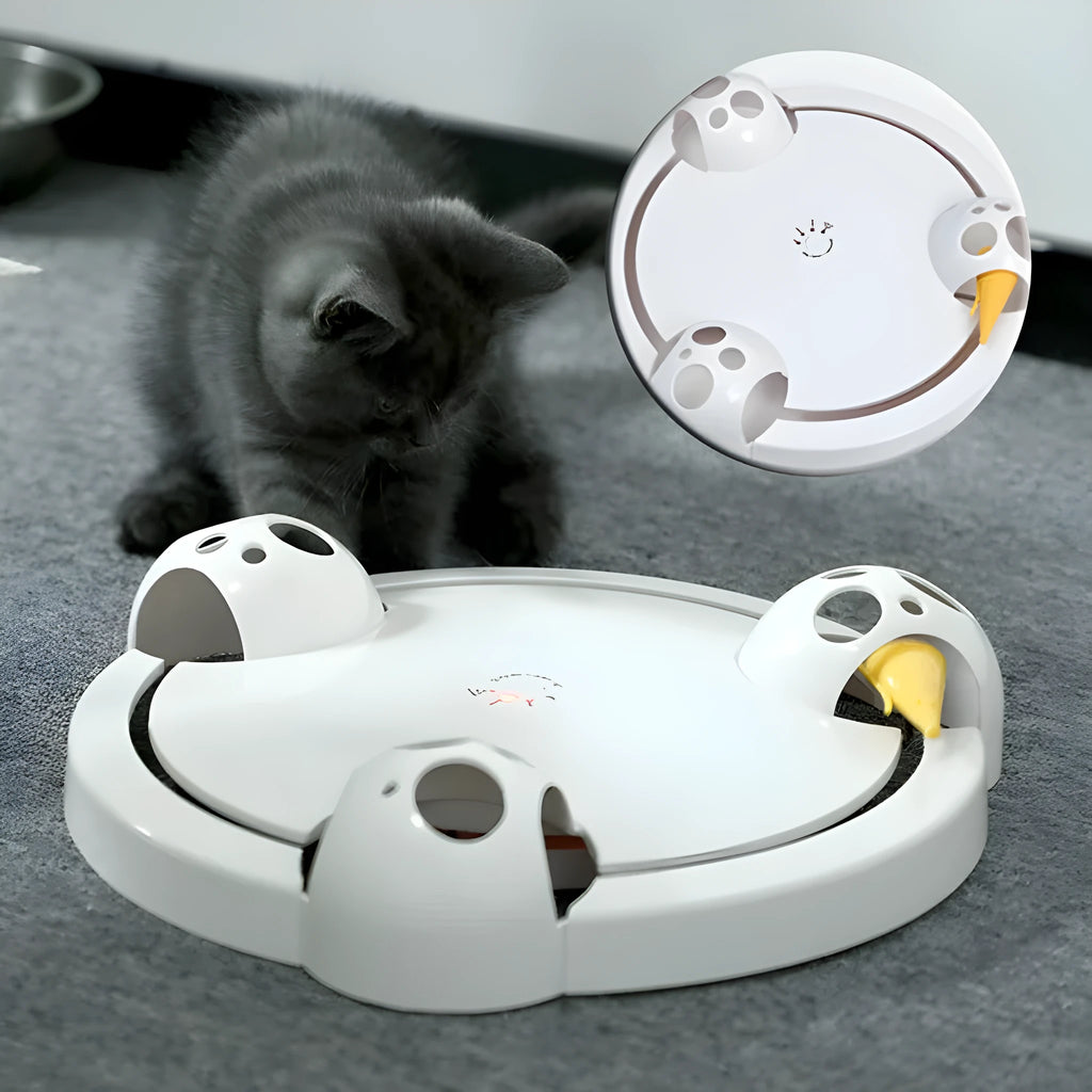 White electric cat toy turntable with automatic catching mouse, 32cm diameter, ABS plastic body
