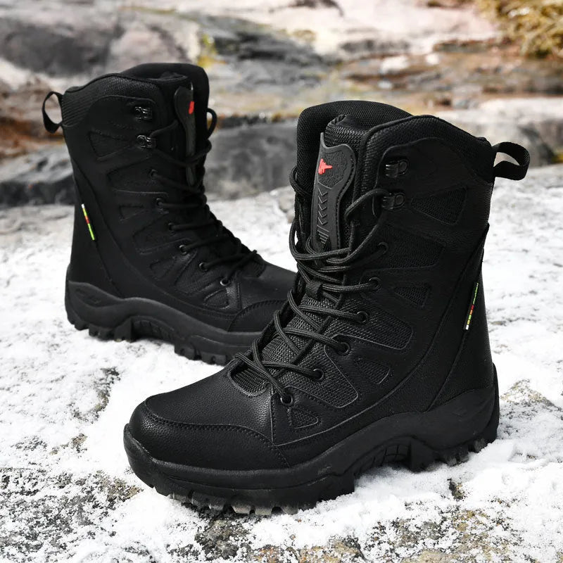 Cowhide leather hi-top hiking shoes with platform sole in beige colour