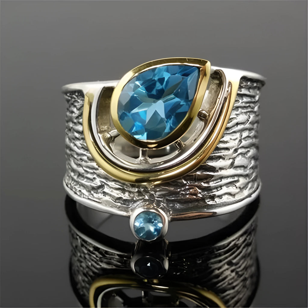 Blue drop-shaped zircon rhinestone Chinese style women's ring in alloy metal