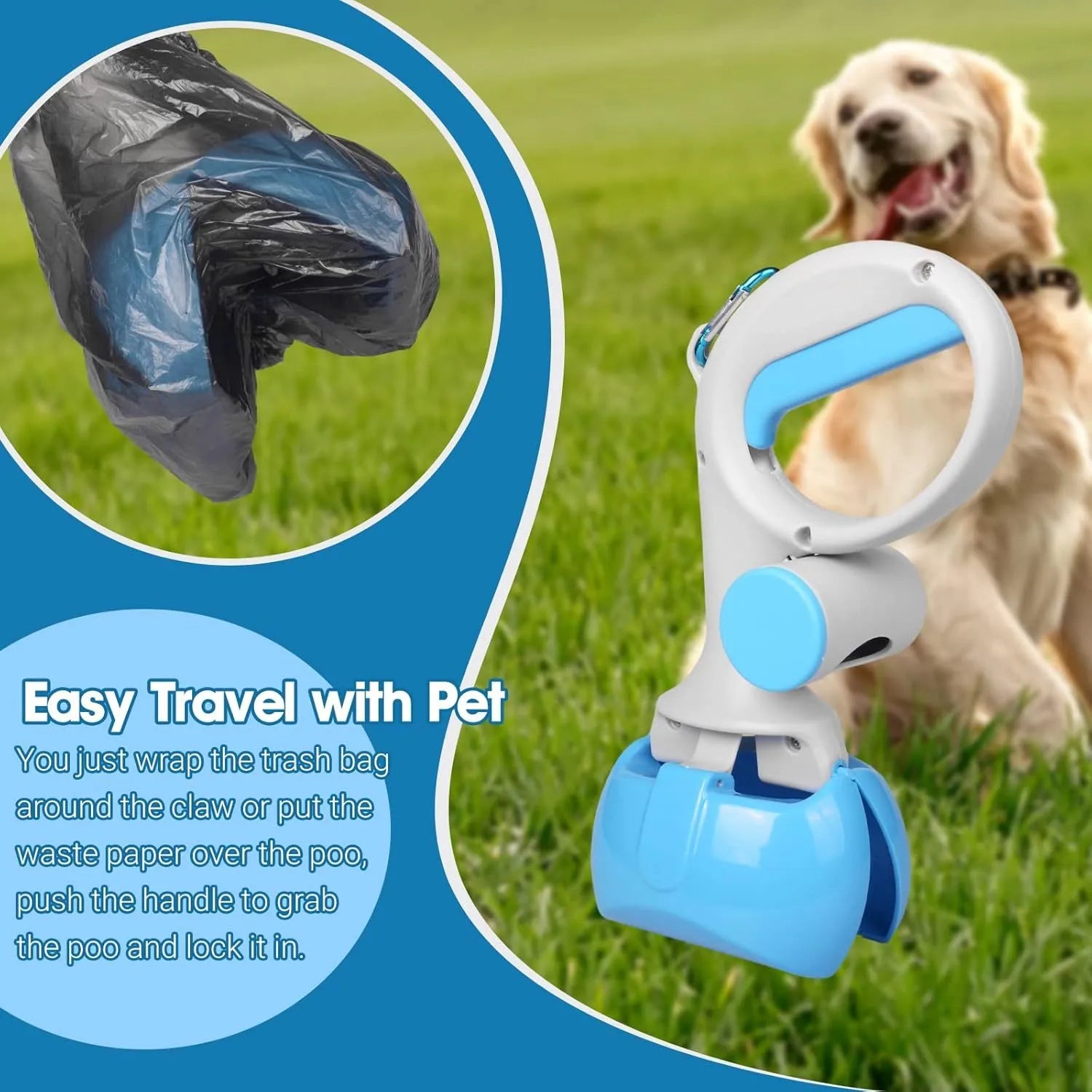 Blue ABS plastic pet pooper scooper with built-in trash bag holder and top hook.