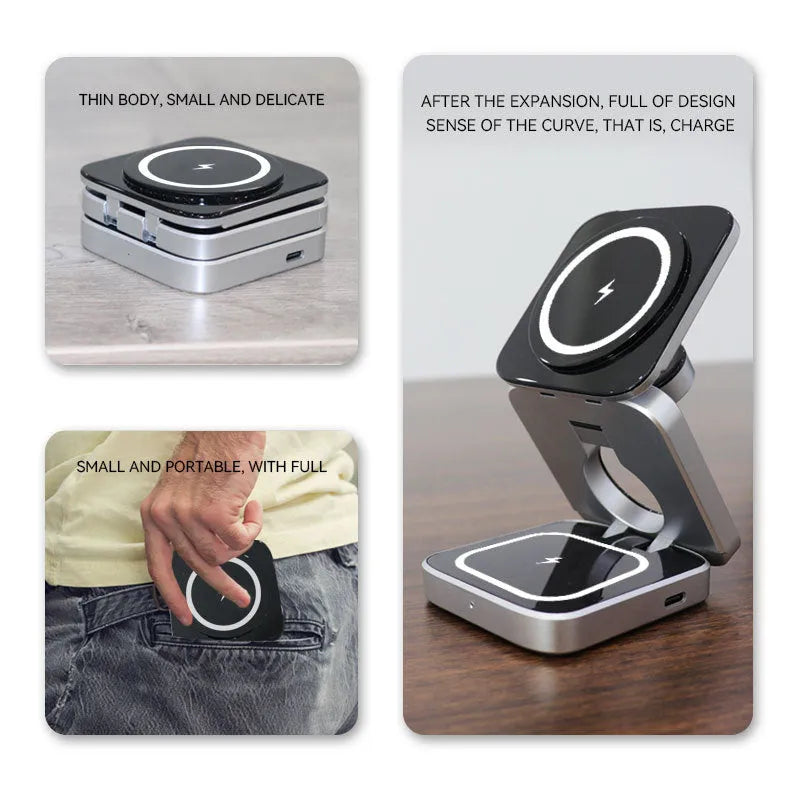 Folding three-in-one desktop wireless charging bracket with cable and magnetic ring