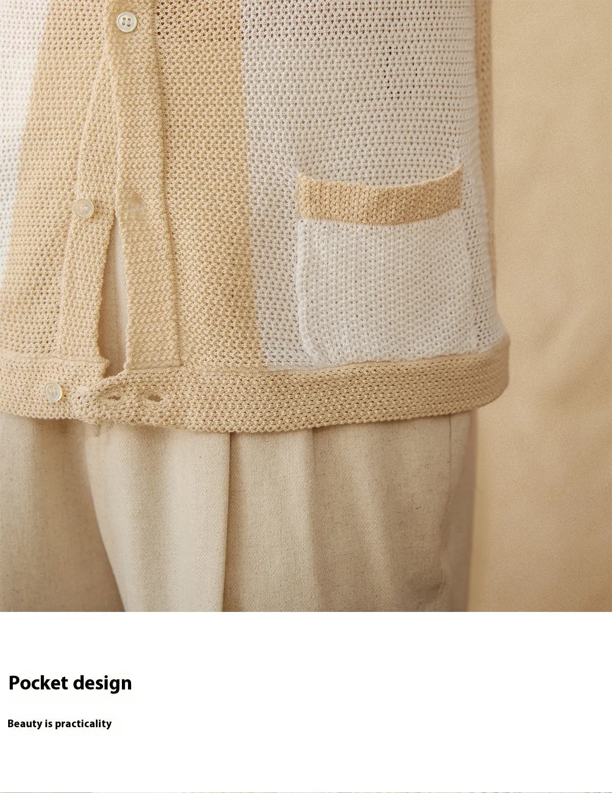 Women's beige lapel collar cardigan with short sleeves made from cotton linen blend fabric