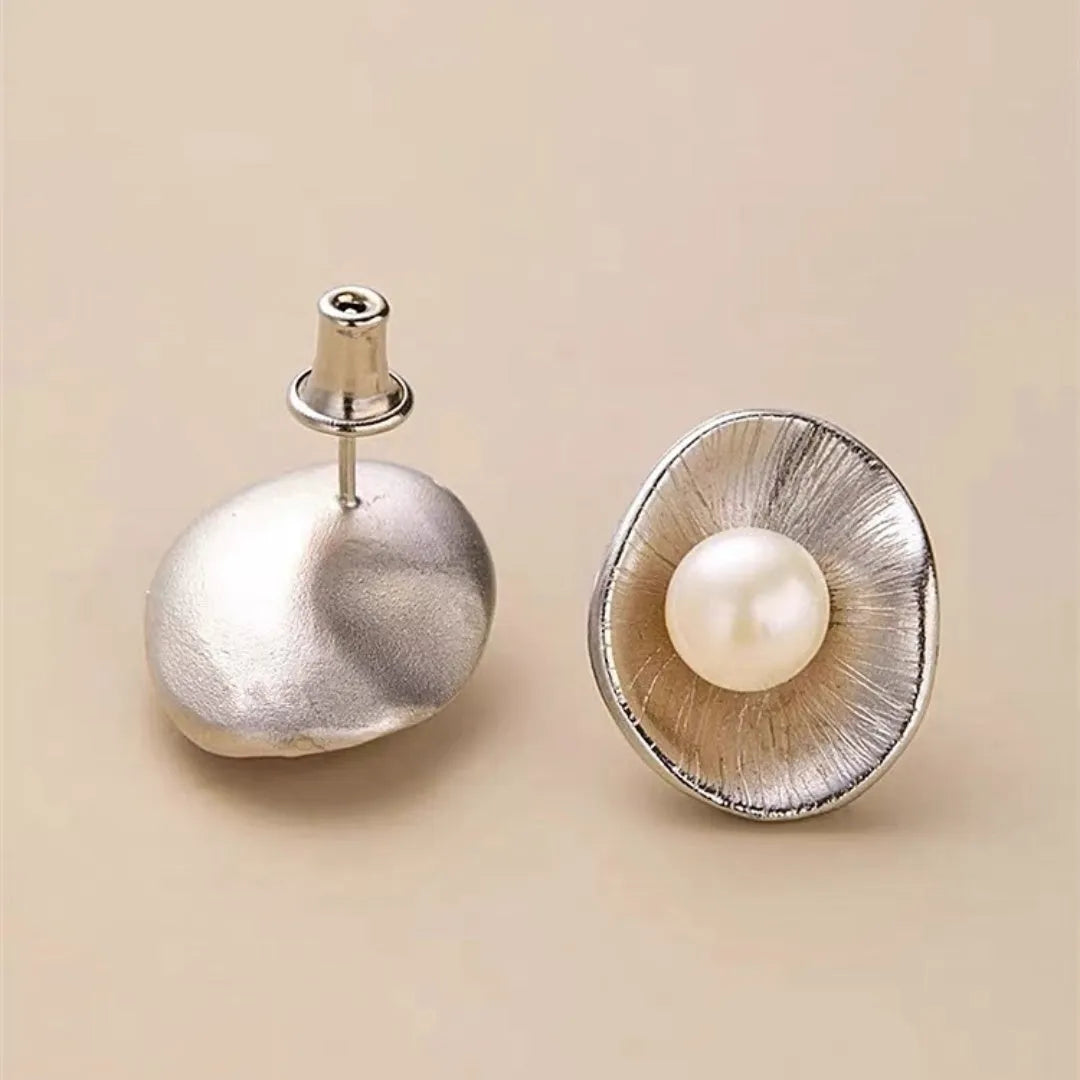 Sterling silver needle earrings with freshwater pearl geometric dangle design