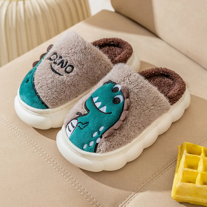Cotton plush couple slippers with dinosaur designs in three colour options