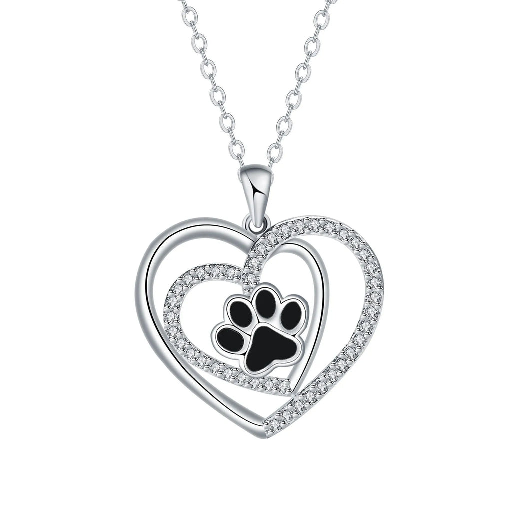 Gold colour dog paw print and heart necklace on cross chain for women