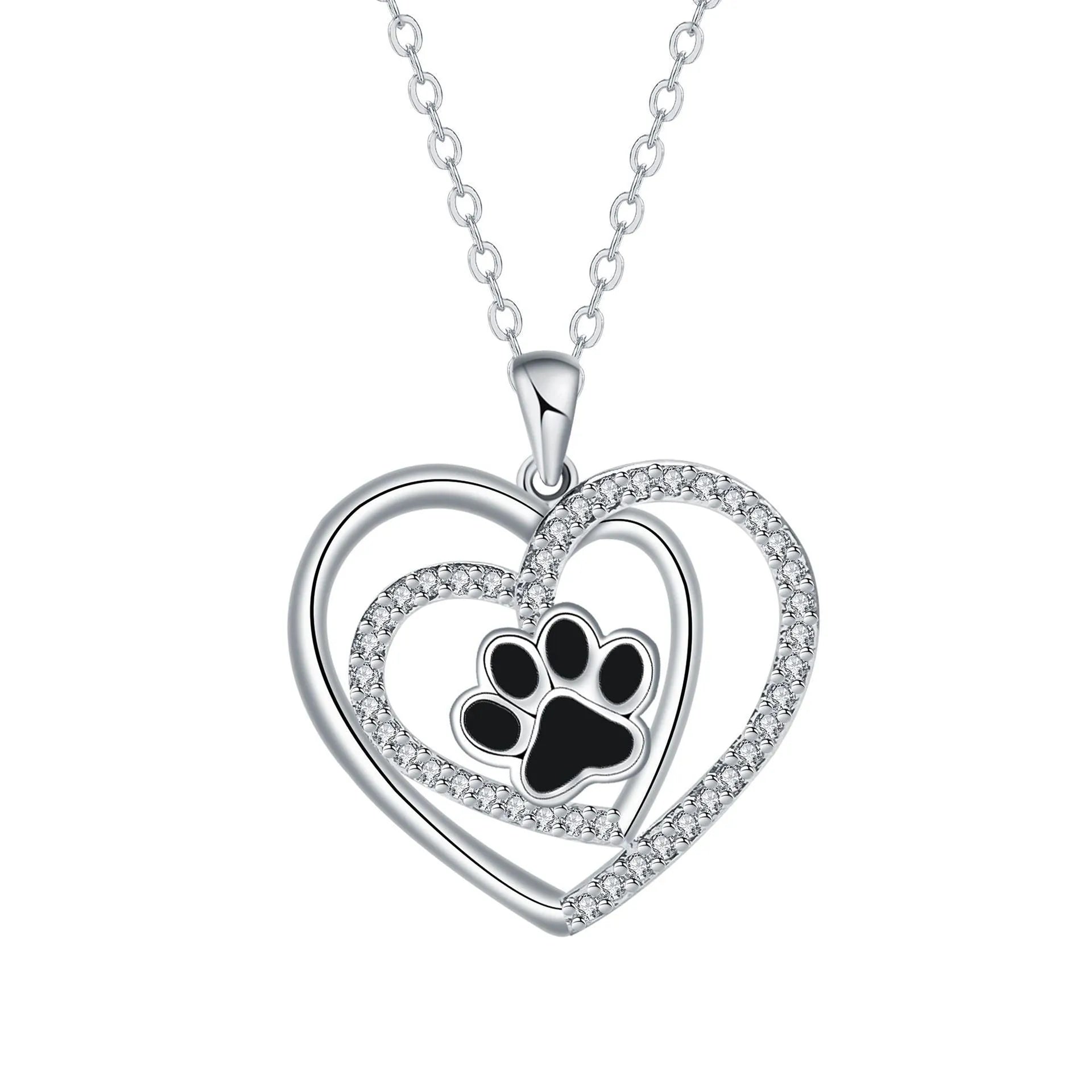 Gold colour dog paw print and heart necklace on cross chain for women
