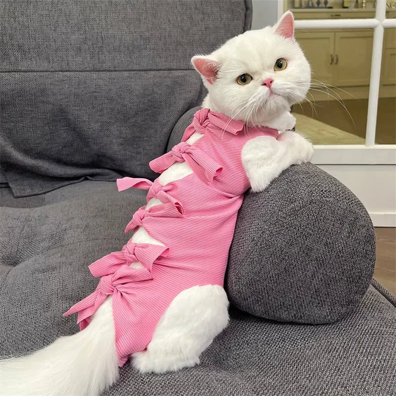 Lace-up cat sterilization clothing in blue colour with size labels for post-operation recovery