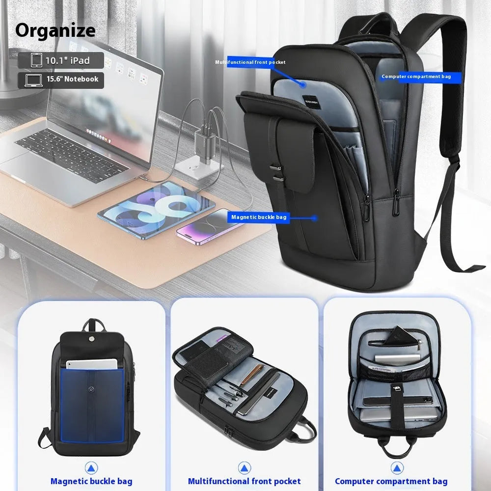Black lightweight Oxford cloth backpack with sewing line detail for daily commute and urban use