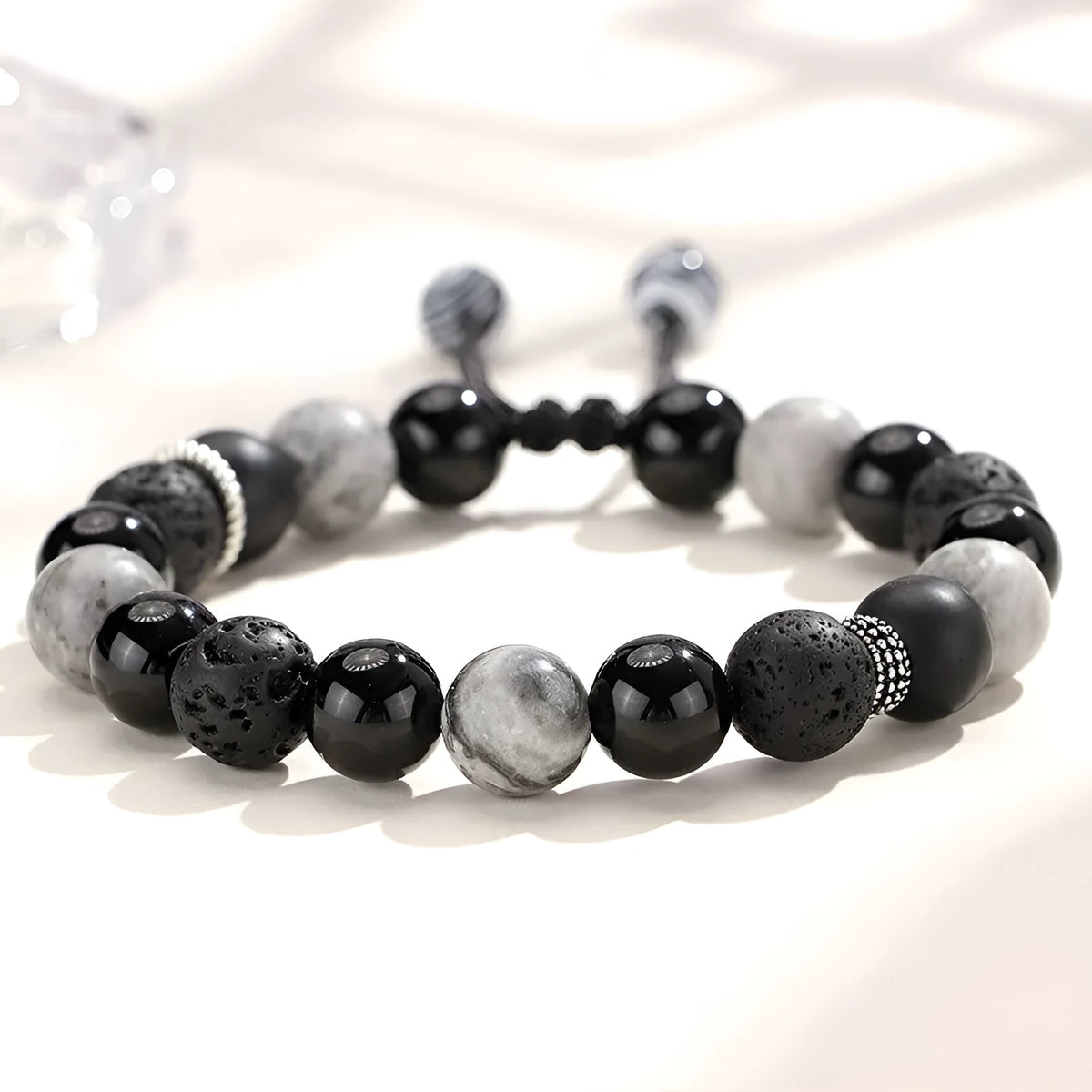 Black agate map stone bracelet with diamond volcanic rock beads in 8mm or 10mm sizes