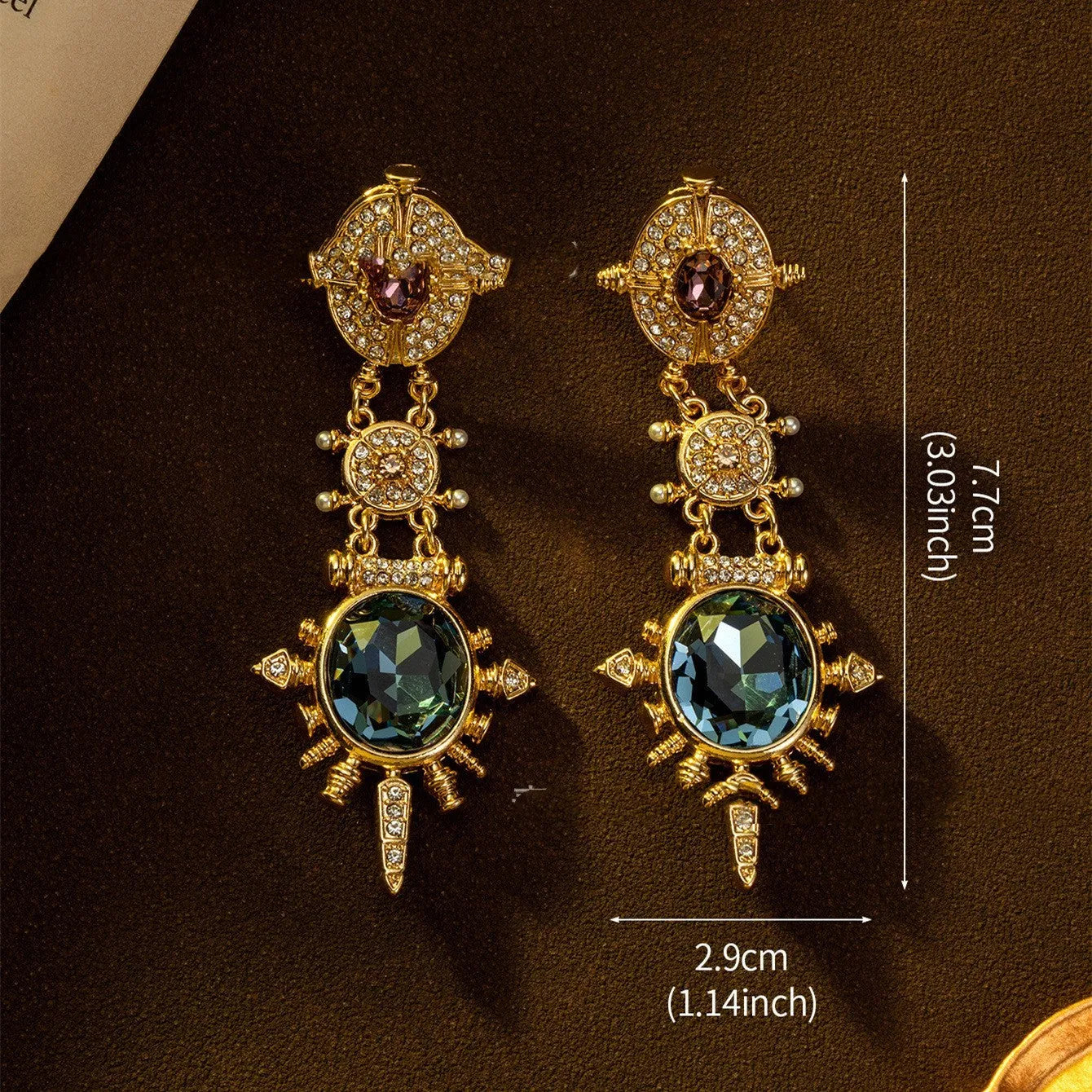 Pair of geometric gold retro stud earrings with diamond treatment surface