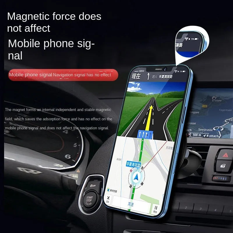 Black aluminium alloy magnetic car phone holder mounted on car dashboard with adjustable gooseneck arm