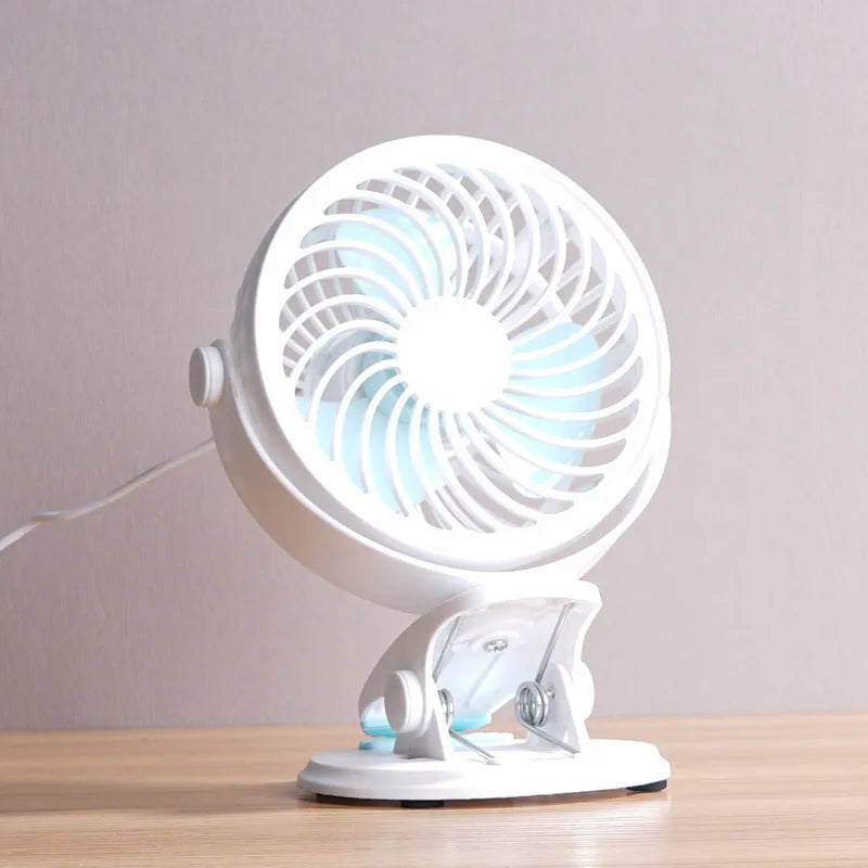 USB-powered compact desktop fan with three blades in mini clip and floor configurations