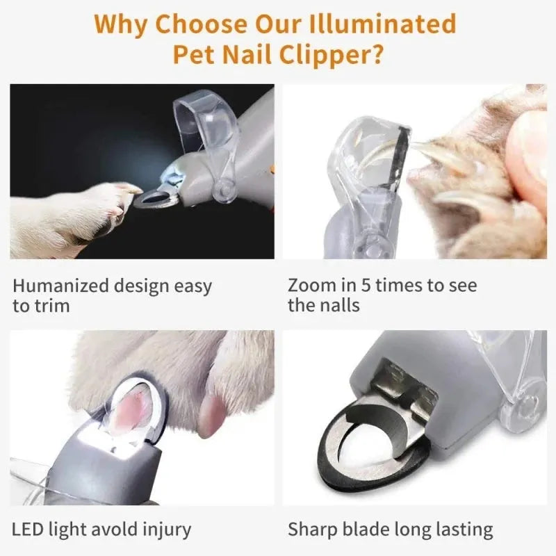 Yellow LED light pet nail clippers with magnifying glass for cat and small dog grooming