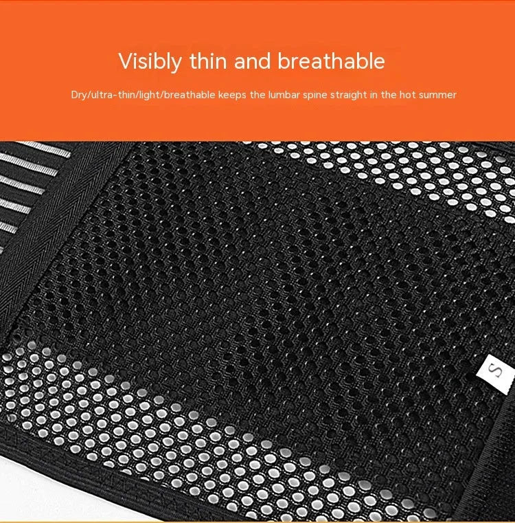 Black breathable sports waist support with steel plate backing for lumbar protection during fitness activities