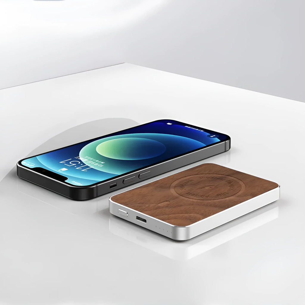 Khaki wireless charging bank with magnetic suction and 5000mAh battery capacity