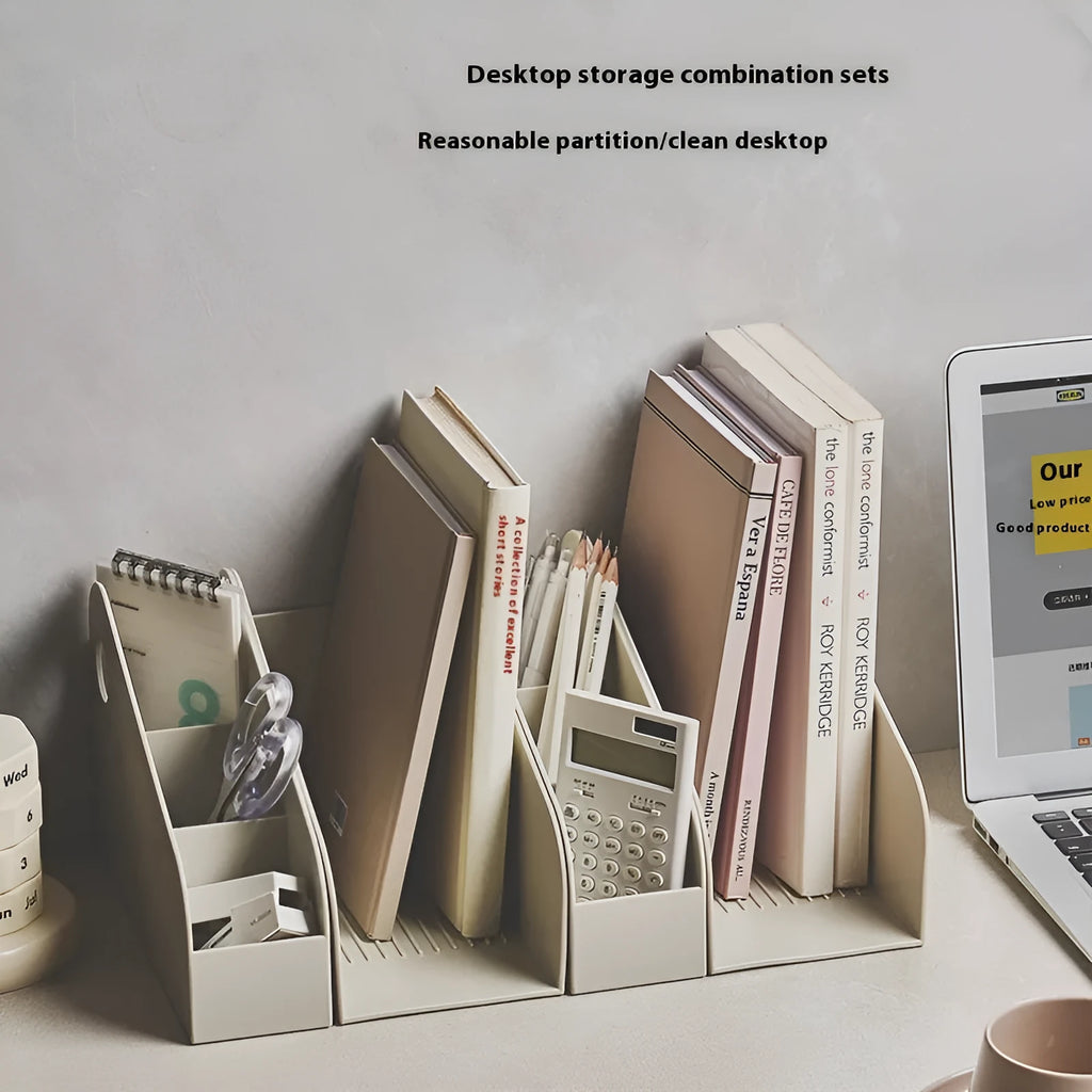 Plastic desktop storage box with two grid compartments in ivory white or milk coffee colour