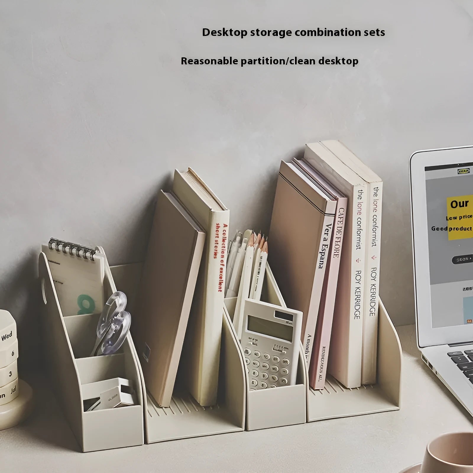 Plastic desktop storage box with two grid compartments in ivory white or milk coffee colour