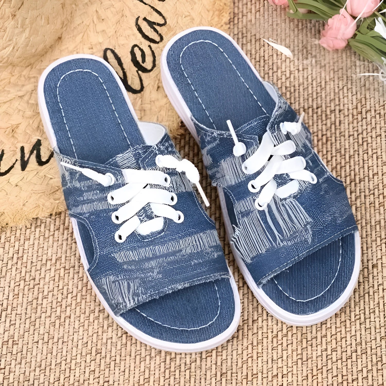 Blue Roman style women's canvas slippers with cloth upper and flat rubber sole