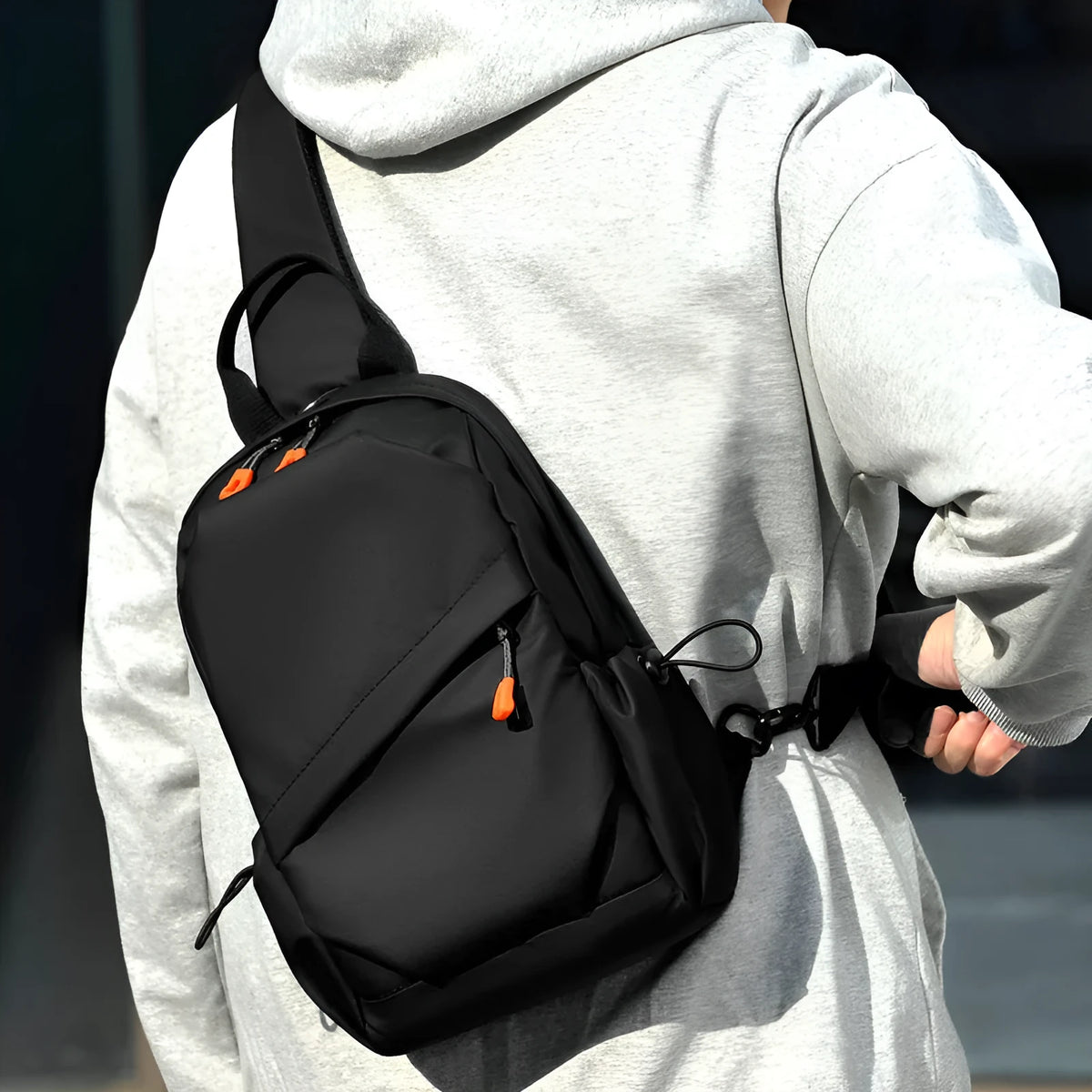 Mens black and grey waterproof polyester crossbody bag with single shoulder strap