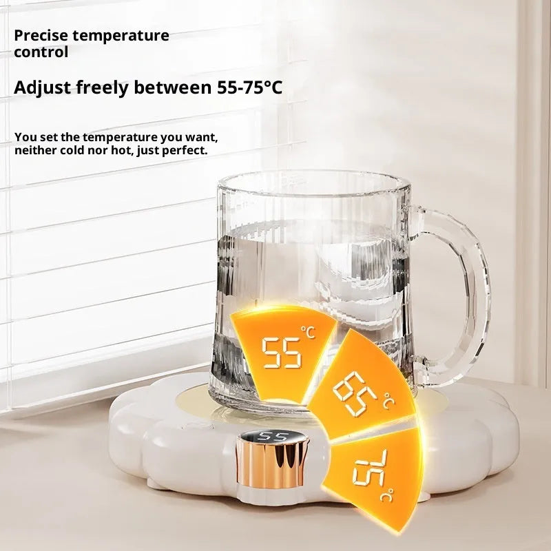 Plug-in thermal cup pad in white or pink with 20W rated power, three gears, and push-button control on a desk.