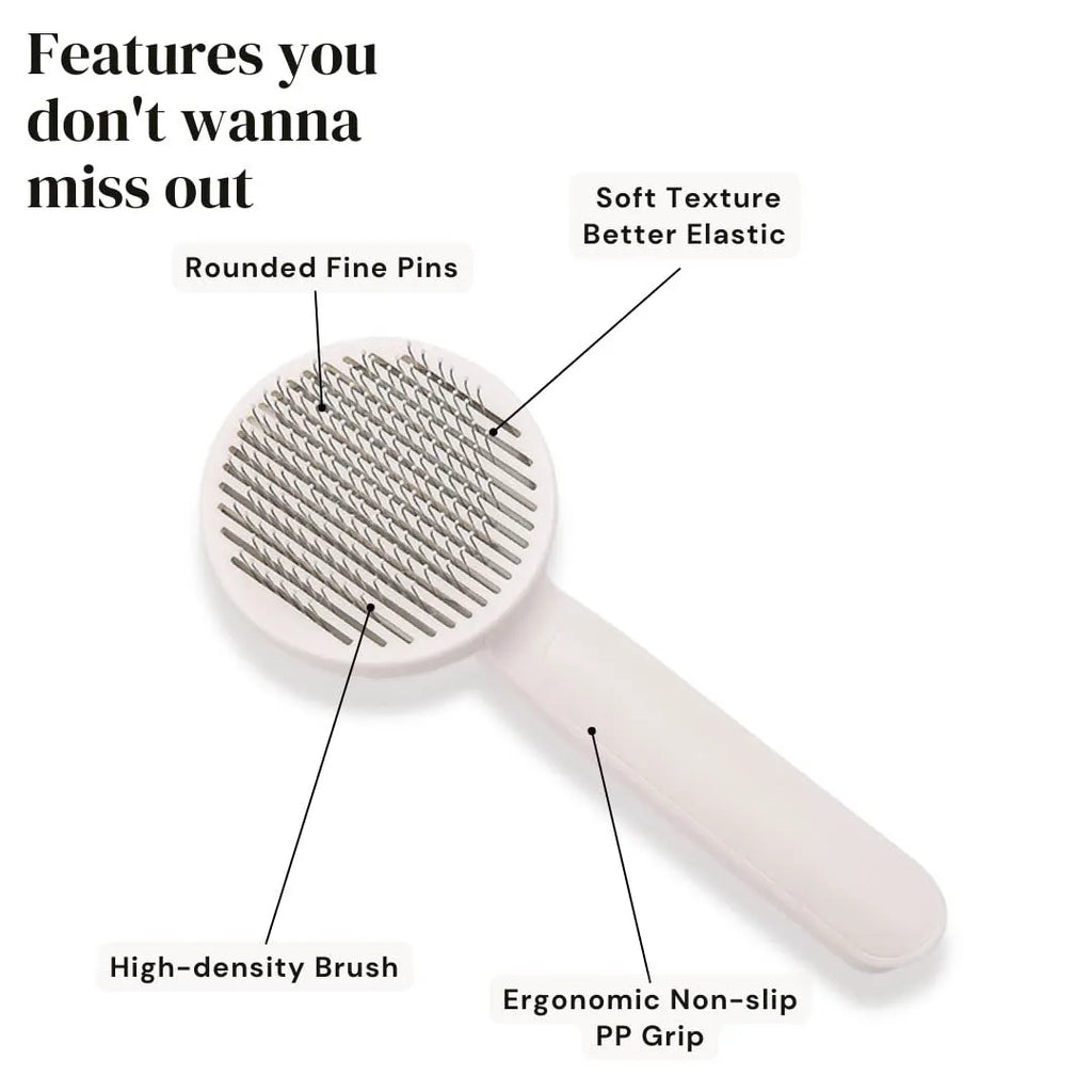 Blue self-cleaning slicker brush for pet grooming with ergonomic rubber handle.