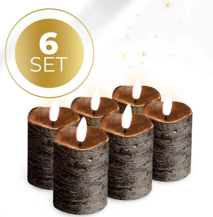 Black S6 LED pillar candle showing its pillar shape and dimensions of 5 cm diameter by 7 cm height